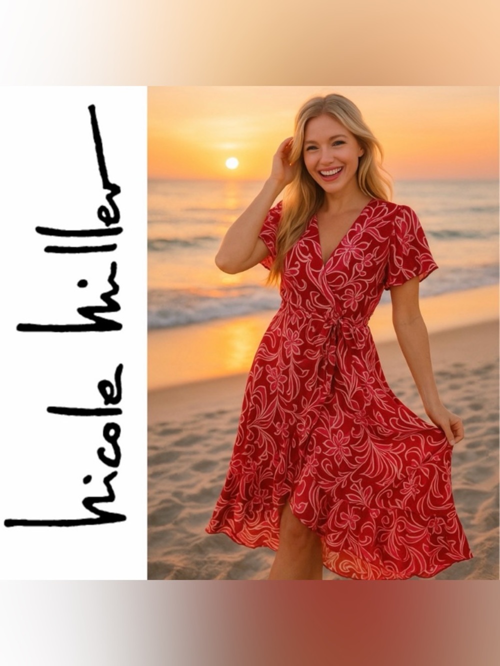 Nicole Miller Pink Floral Satin Ruffle Flutter Sleeve Wrap Maxi Dress, Large